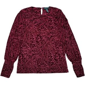 LRL Ralph Lauren Blouse Womens Petite L Red Burgundy Paisley Velvet Burnout Top